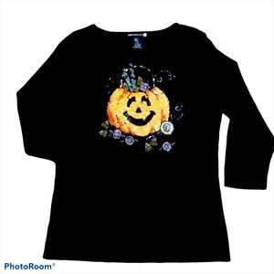 Sweaterworks Halloween Jack O Lantern Sequin Shirt